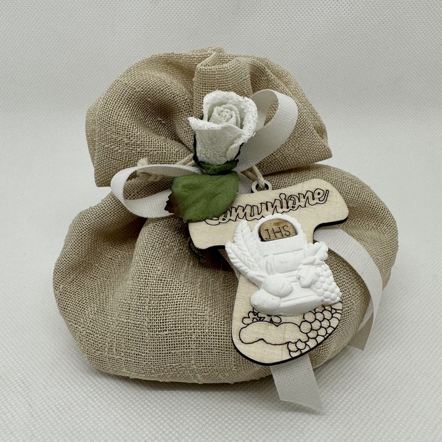 SACCHETTO BEIGE IN LINO GARZATO CON APPLICAZIONE COMUNIONE